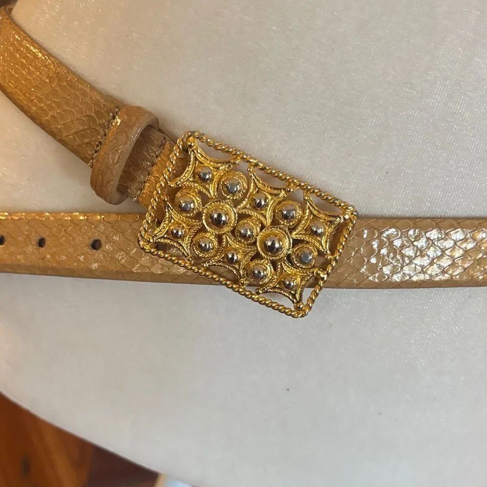 Vintage Carlisle Snakeskin (?) Leather Belt with Gold and Silver Buckle - L